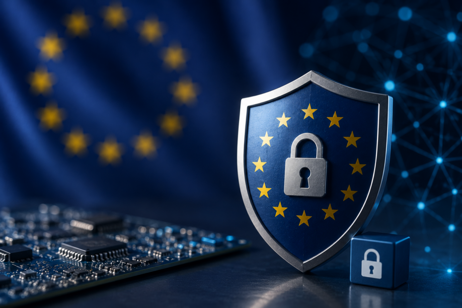 Illustration zum Cyber Resilience Act der EU: Schutzschild mit EU-Sternen und Schlosssymbol vor digitalem Netzwerk- und Hardware-Hintergrund als Symbol für Cybersicherheit und sichere digitale Produkte.
